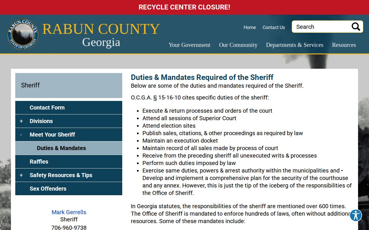 Rabun County sheriff statutory duties and court process responsibilities