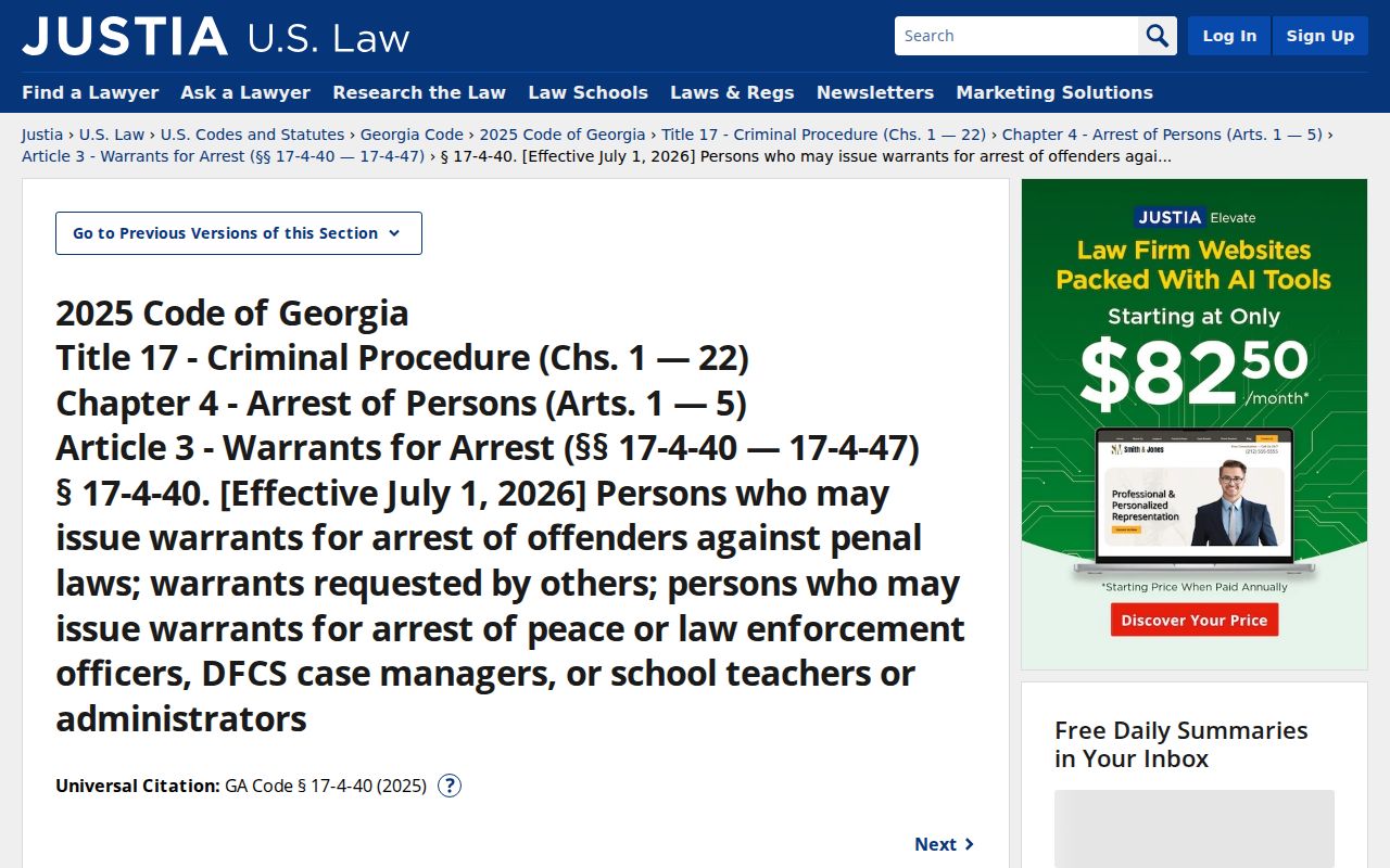 Georgia arrest warrant probable cause statute applicable in Rabun County