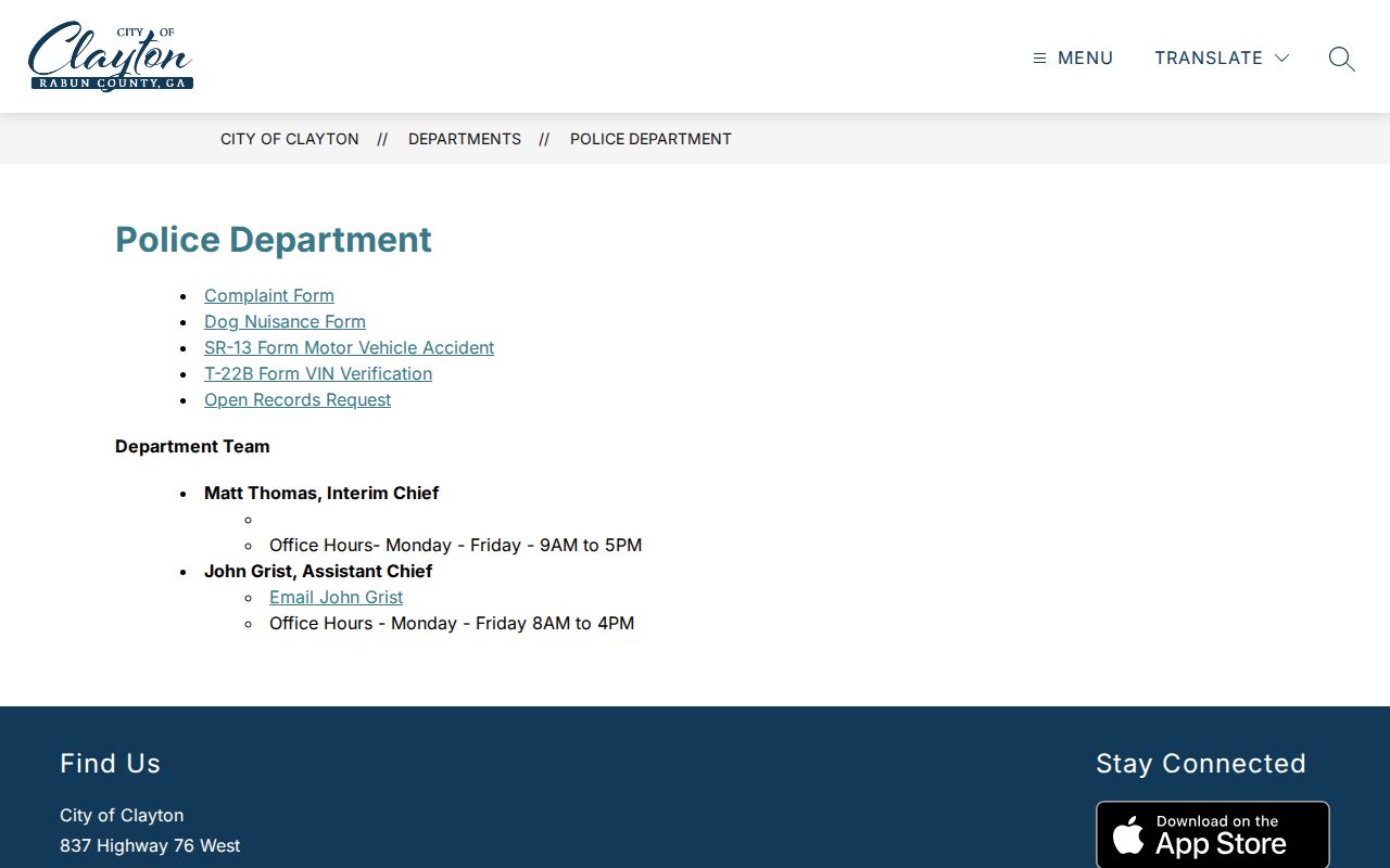 Clayton warrant records contact page for the city police department