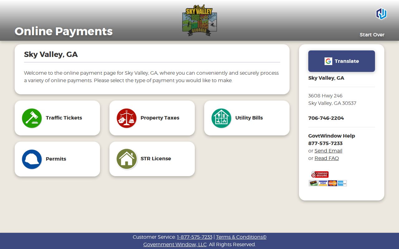 Sky Valley GovernmentWindow payment page with traffic ticket entry