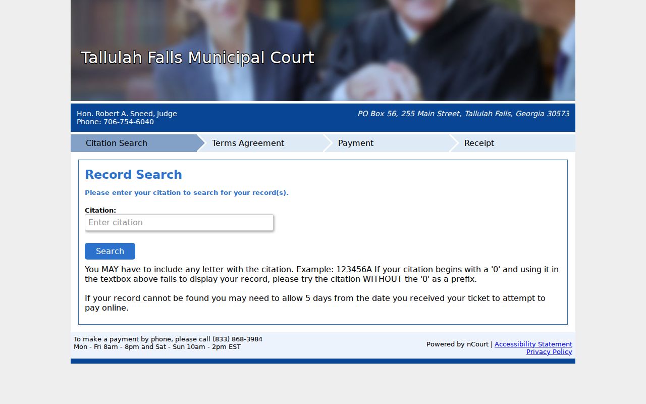 Tallulah Falls warrant and citation number payment field